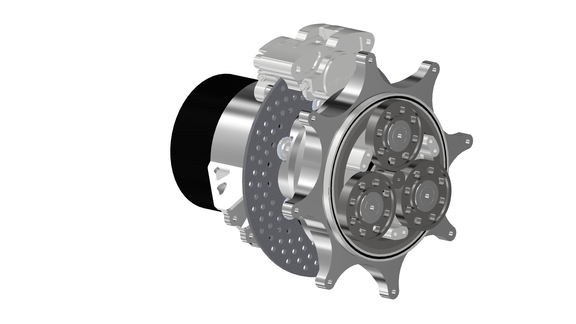 Outboard drivetrain with gear teeth suppressed to show the manufacturing blanks